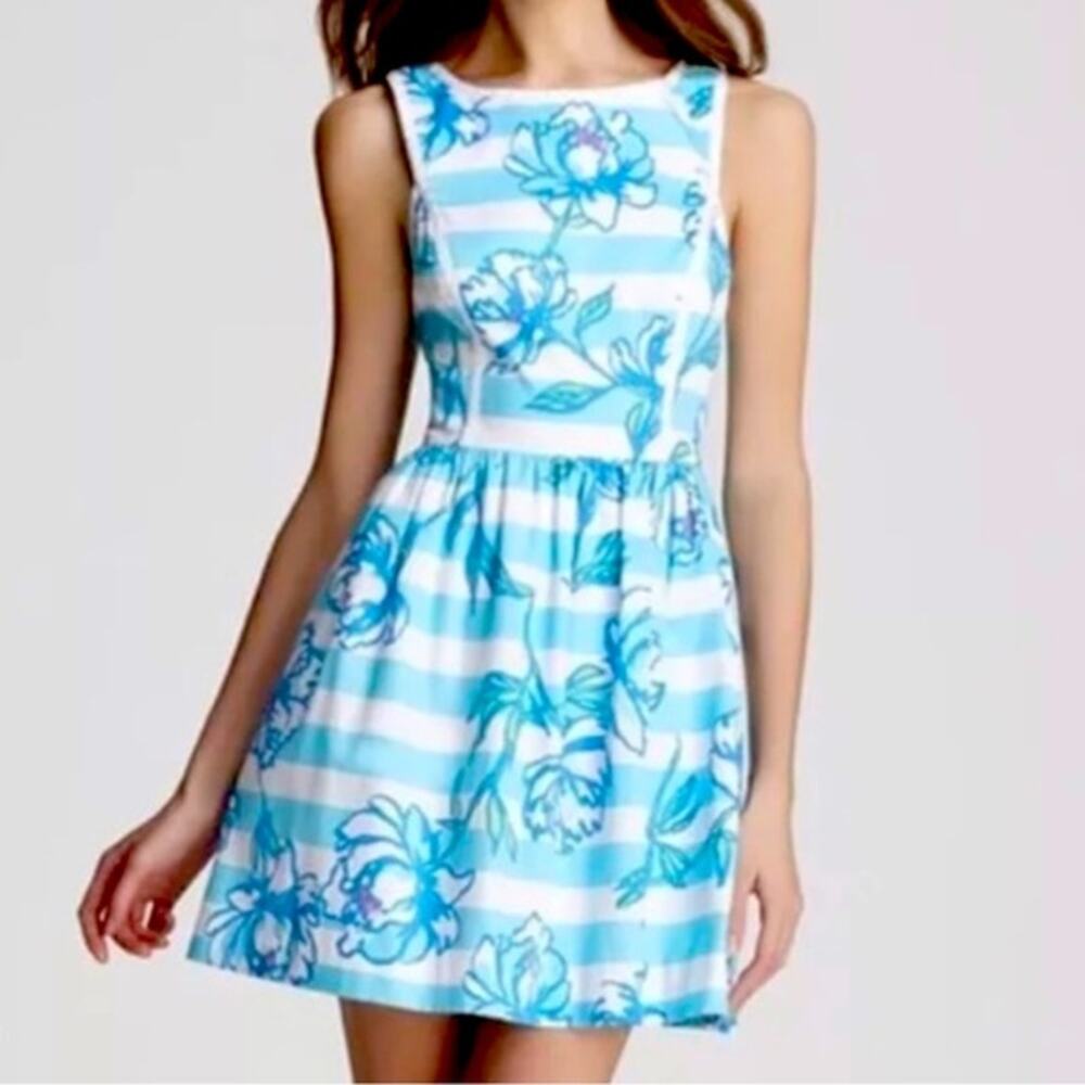 Lilly Pulitzer Sandrine Dress Shorely Blue Tossing the Line Pearl Trim Size 14